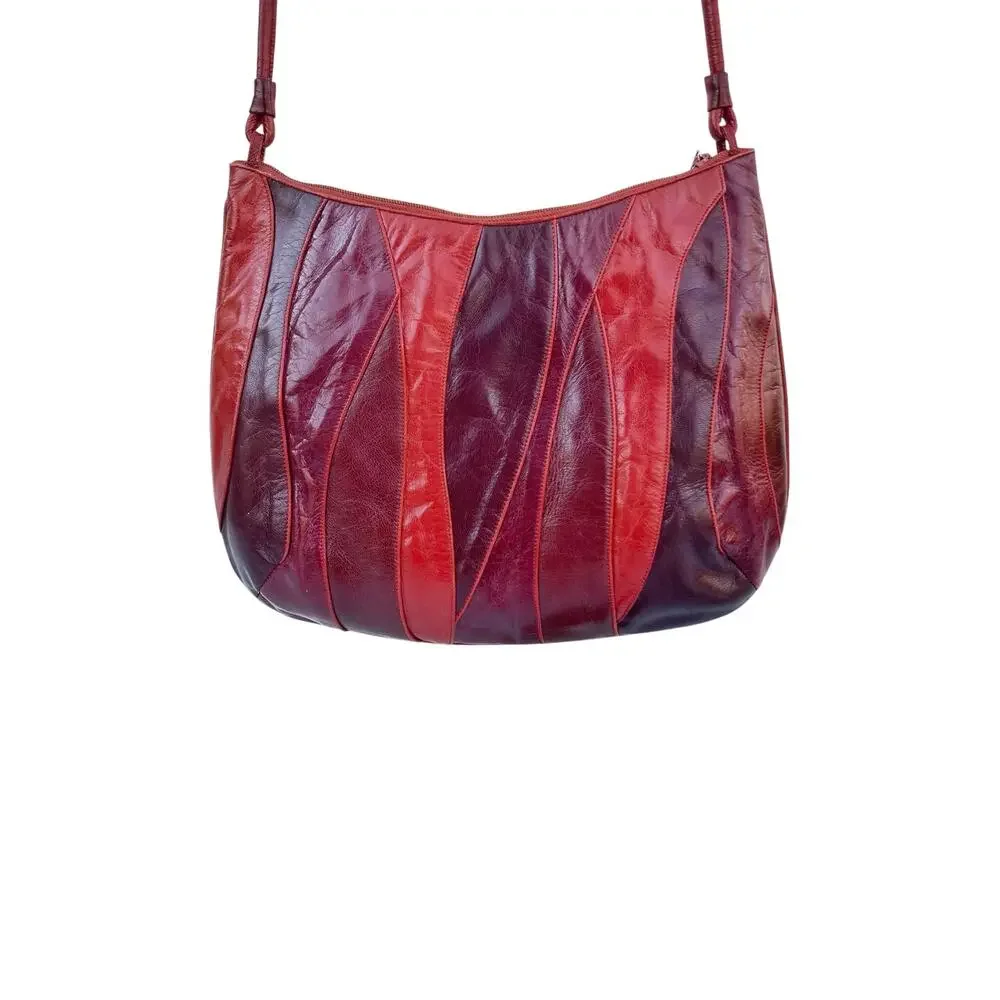 Vintage 1980s Maud Frizon Eel Skin Patchwork Crossbody Italy Red & Oxblood Purse